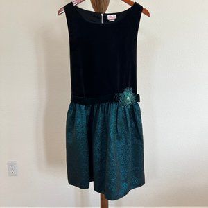 Bloome Girl's Size 20.5 Black & Teal Metallic Velvet Sleeveless Drop Waist Dress